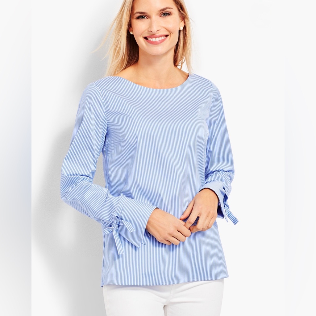 Talbots Tie-Sleeve Poplin Popover-Striped Blue White Size Medium Petite